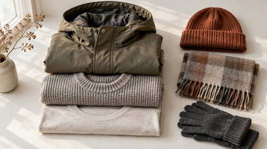 Folded cold-weather layers with a jacket, sweater, shirt, beanie, scarf, and gloves