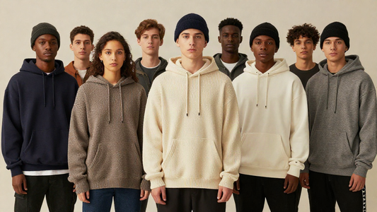 A diverse group wearing neutral streetwear hoodies and beanies